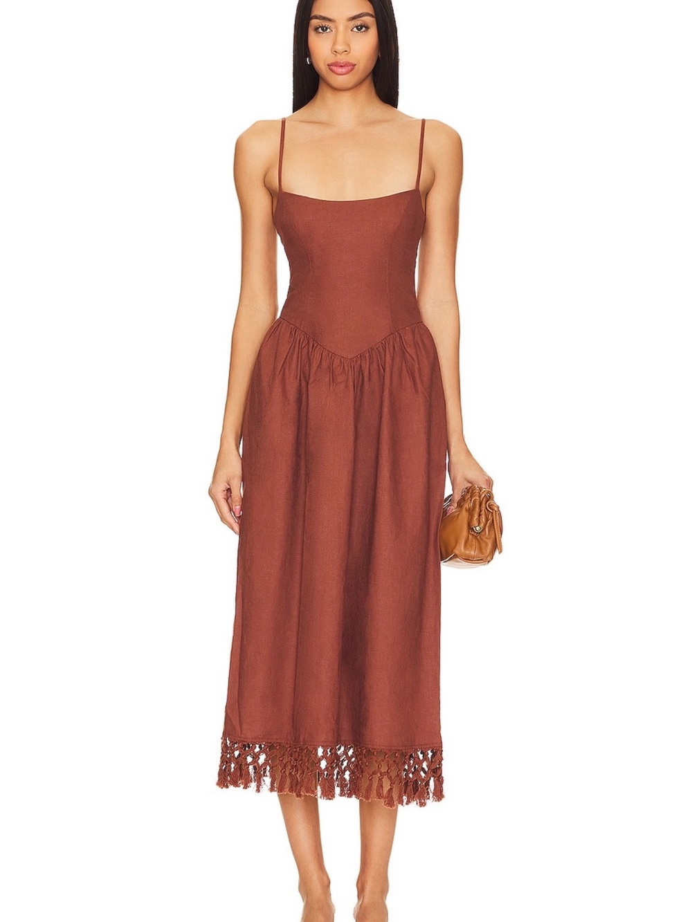 Tularosa Brown Spaghetti-Strap Midi Dress with Crochet Hem XXS